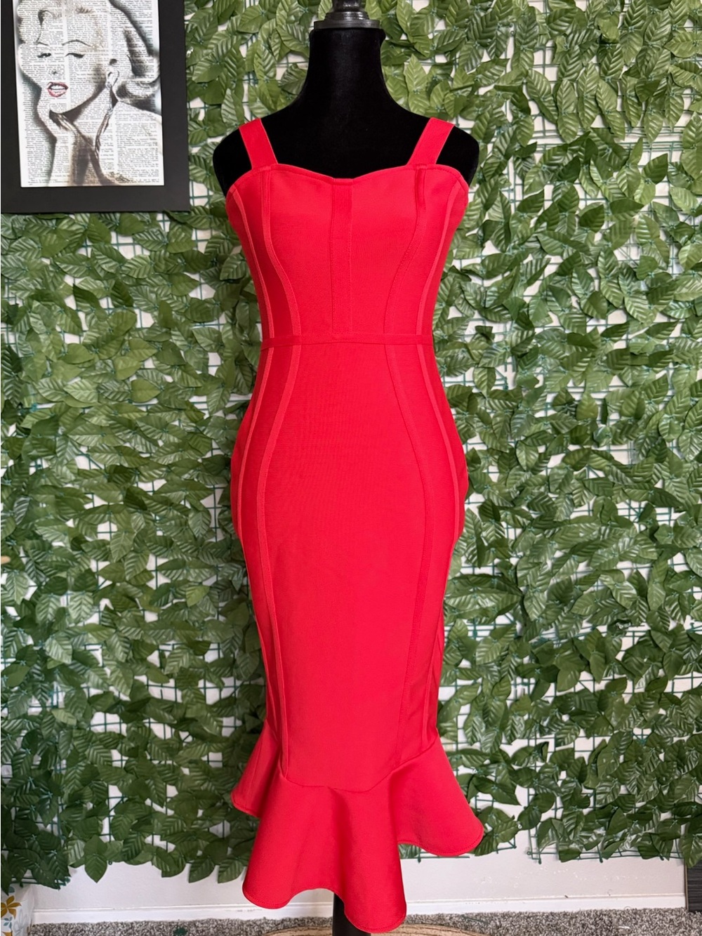 Red Fitted Mermaid Midi Dress - Elegant Women’s Dress
